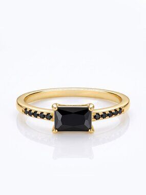 Dainty Gold Ring with Black Gemstone, 925 Sterling Silver, 10k Gold Finish
